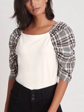 Ann Taylor Cream Square Neck Top with Black Plaid Puff Sleeves - Large